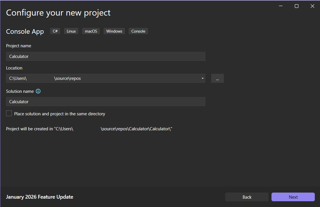 Project Name, Location, and Solution Name