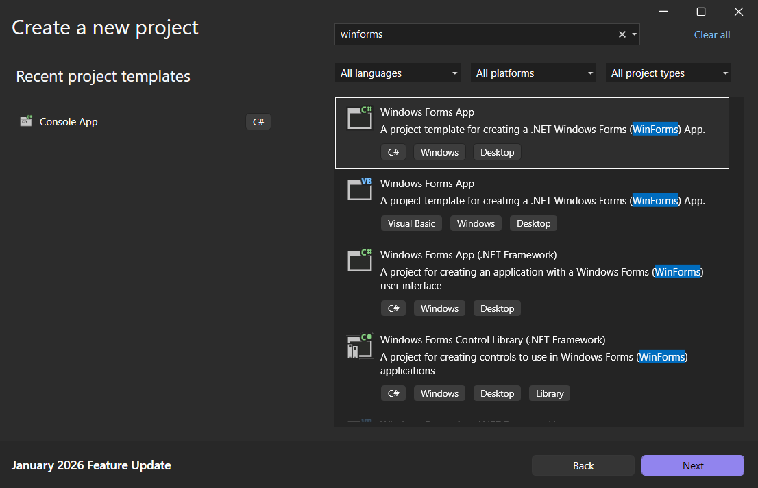 Create a new Windows Forms project